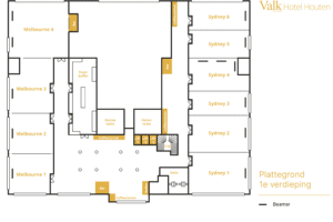 Plattegrond 1e verdieping met vergaderzalen, routing en indeling van ruimtes bij Van der Valk Hotel Houten
